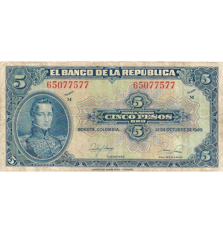 Colombia 5 Pesos Oro 1949. NO UNC