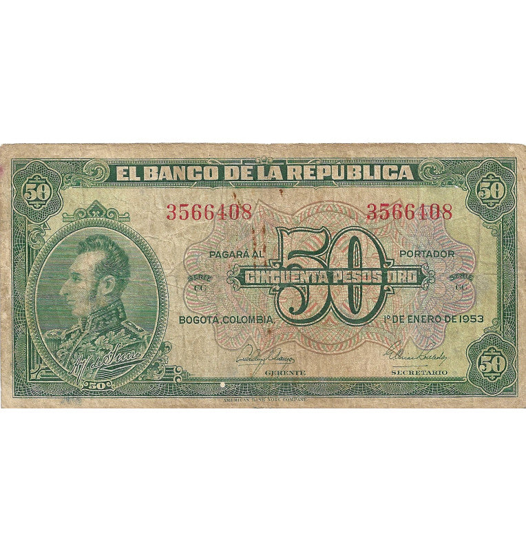 Colombia 50 Pesos Oro 1953. NO UNC
