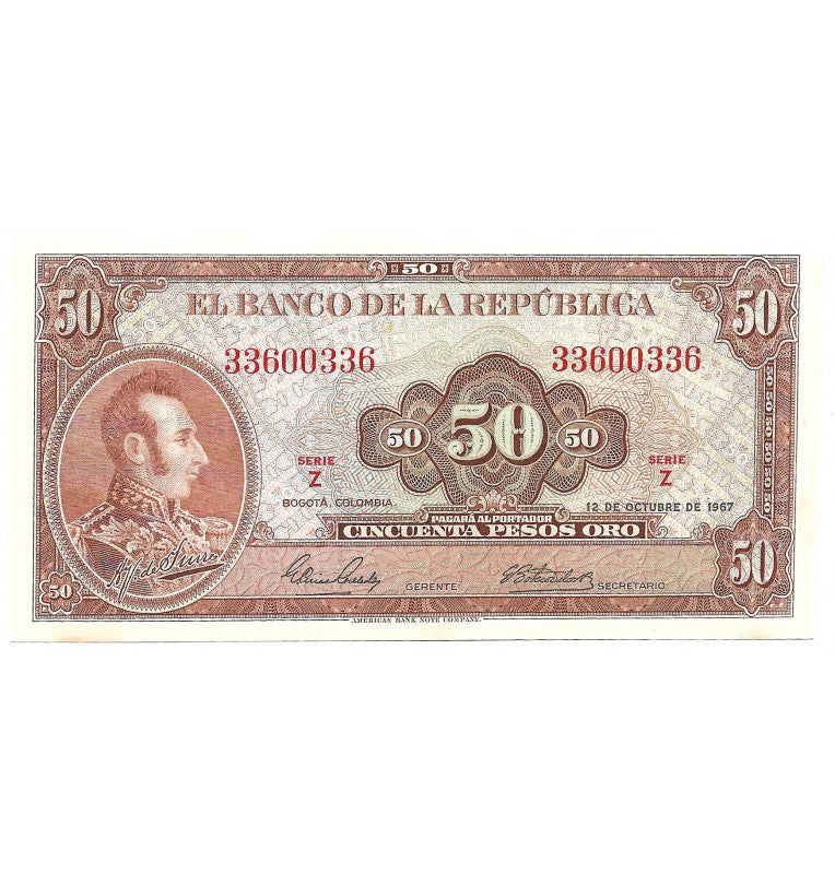 Colombia 50 Pesos Oro 1967. Tiene manchas