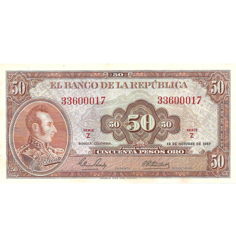 Colombia 50 Pesos Oro 1967. Tiene manchas