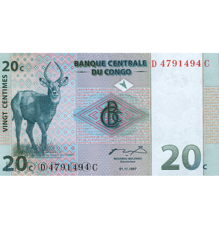 Congo 20 Cents 1997 Pick 83a