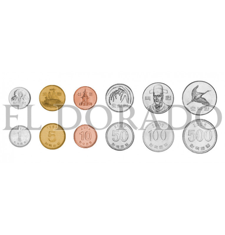 Corea del Sur 1, 5, 10, 50, 100, 500 Won 1982-2017 KM 31, 32, 103, 34, 35, 27
