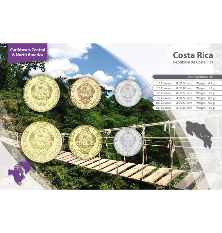 Costa Rica 5, 10, 25, 50, 100, 500 Colones 2001-2008 KM 227, 228, 229, 231, 230, 239