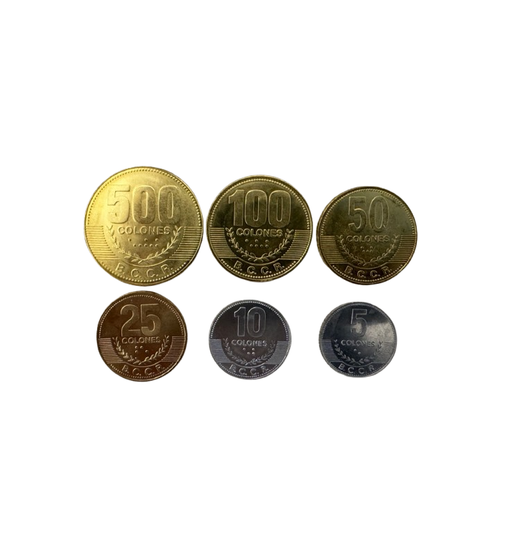 Costa Rica set of 6 coins: 5, 10, 25, 50, 100, and 500 colones, 2001–2008