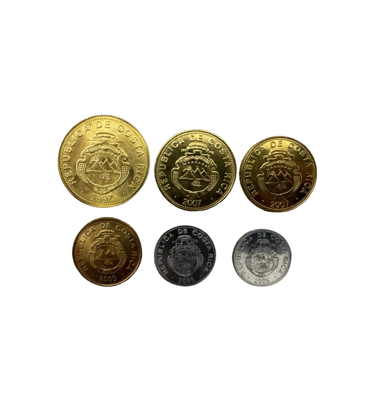 Costa Rica set of 6 coins: 5, 10, 25, 50, 100, and 500 colones, 2001–2008