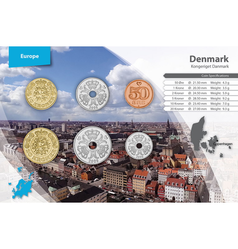 Denmark 50 Öre, 1, 2, 5, 10, 20 Kroner 1991-2016 KM 866, 873, 874, 869, 954, 955a)