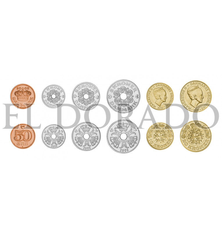 Denmark 50 Öre, 1, 2, 5, 10, 20 Kroner 1991-2016 KM 866, 873, 874, 869, 954, 955a)