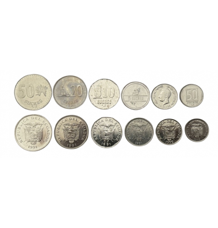 Ecuador set of 6 coins 1, 5, 10, 20 and 50 Sucres, 50 Centavos 1988-1991 NO UNC