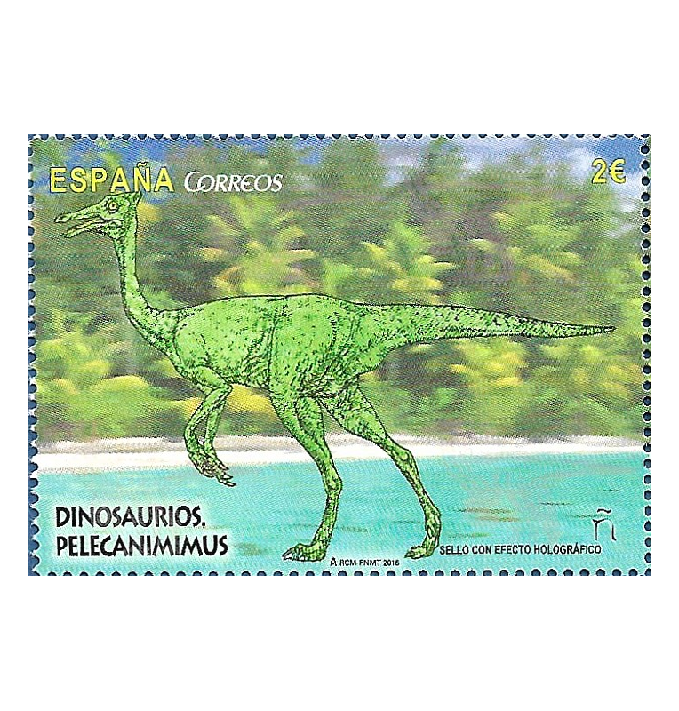 Spain Post Office, Pelecanimimus Dinosaur Stamp, stamp with holographic effect