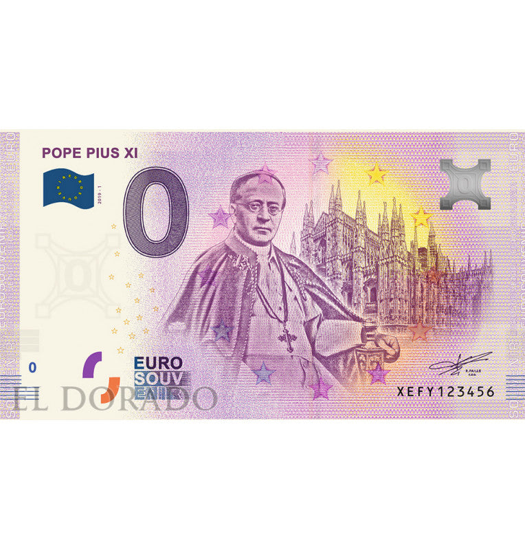 Estado de la Ciudad del Vaticano 0 Euro Souvenir Note 2019 Papa Pius XI