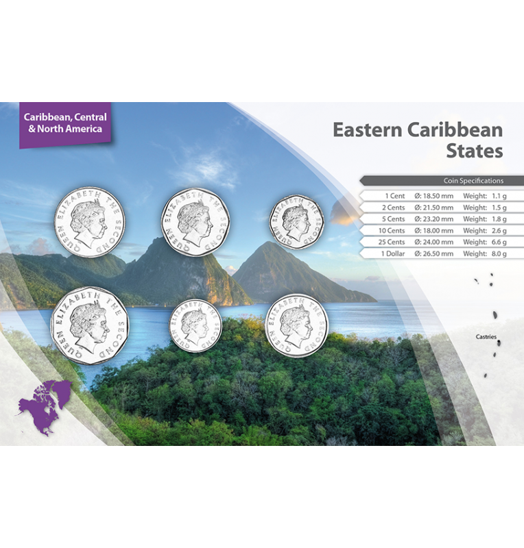 Eastern Caribbean States 1, 2, 5, 10, 25 Cents, 1 Dollar 2002-2017 KM 34, 35, 36, 37, 38, 39