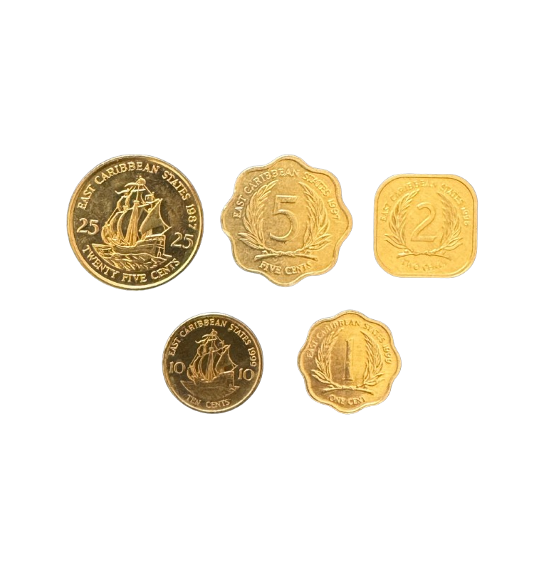 Caribbean States set of 5 coins 1, 2, 5, 1025 Cents 1987-1999