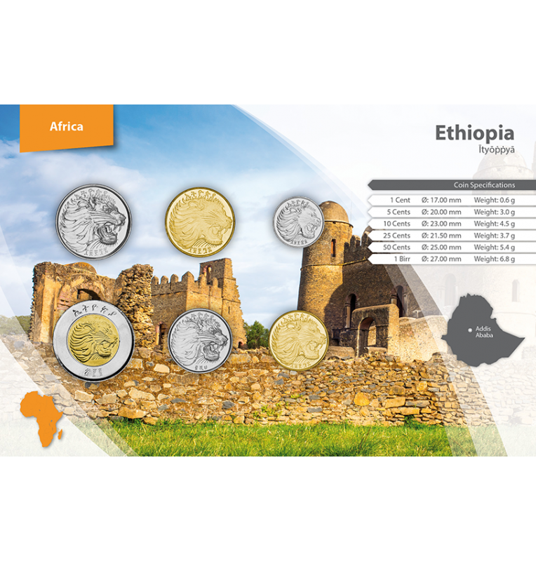 Ethiopia 1, 5, 10, 25, 50 Cents, 1 Birr 1977-2010 KM 43, 44, 45, 46, 47, 78