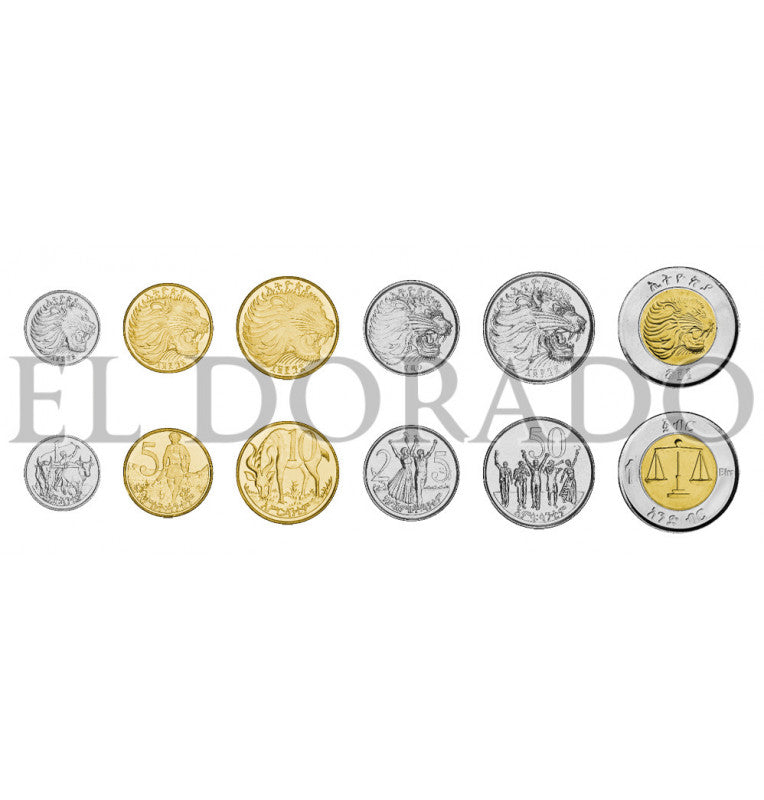 Ethiopia 1, 5, 10, 25, 50 Cents, 1 Birr 1977-2010 KM 43, 44, 45, 46, 47, 78