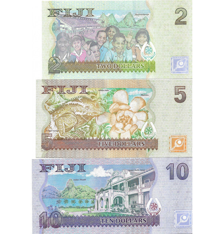 Fiji set of 6 banknotes: 2, 5, 10, 20, 50, and 100 dollars