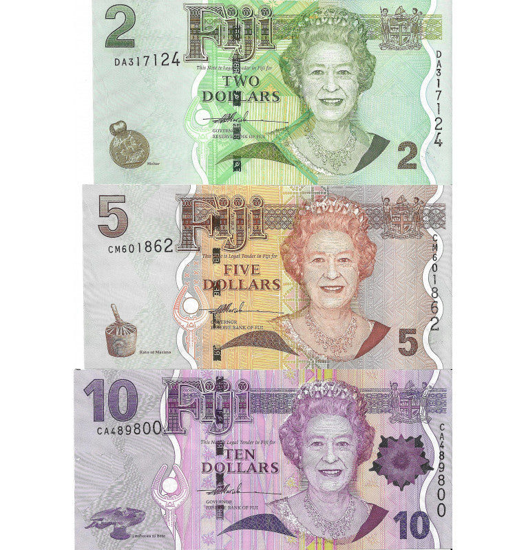Fiji set of 6 banknotes: 2, 5, 10, 20, 50, and 100 dollars