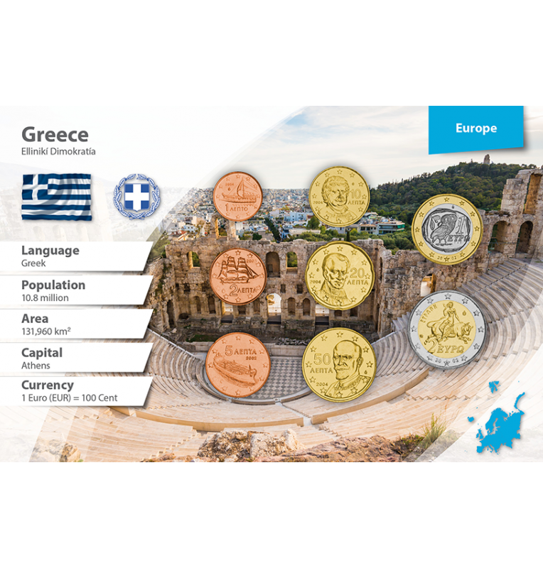 Greece 1, 2, 5, 10, 20, 50 Cents, 1, 2 Euros 2002-2020 KM 181, 182, 183, 184/211, 185/212, 186/213, 187/214, 188/215