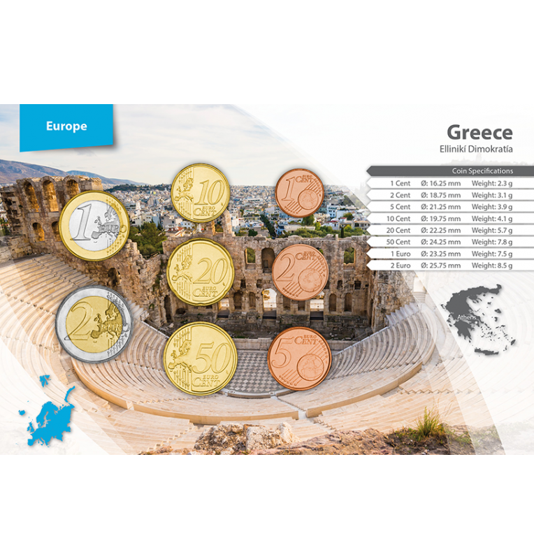 Greece 1, 2, 5, 10, 20, 50 Cents, 1, 2 Euros 2002-2020 KM 181, 182, 183, 184/211, 185/212, 186/213, 187/214, 188/215