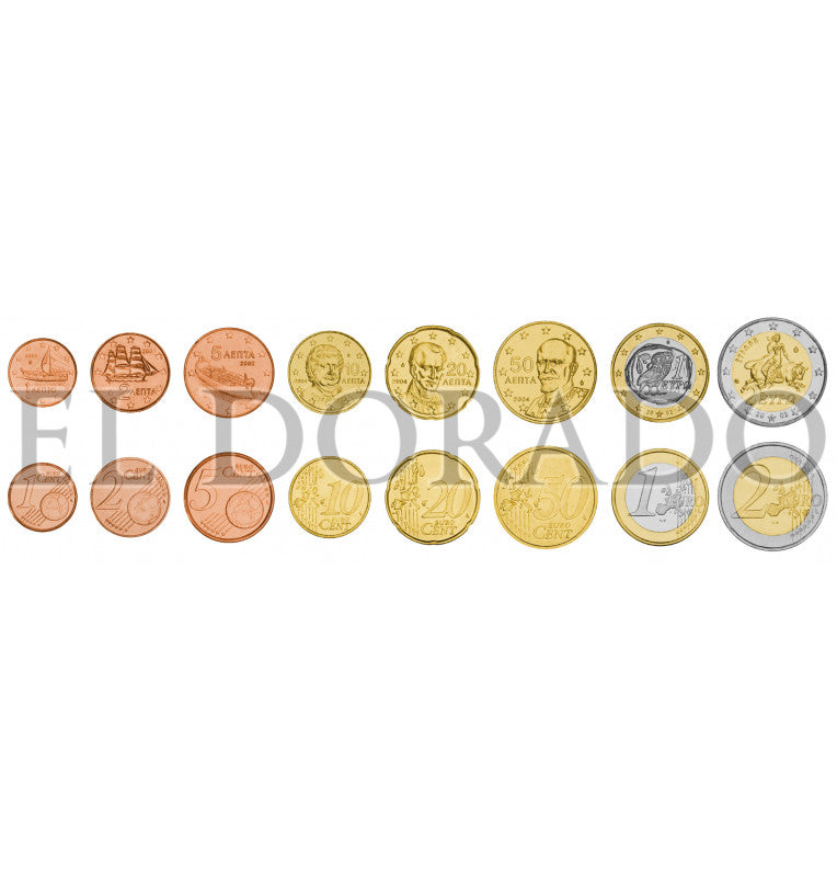 Greece 1, 2, 5, 10, 20, 50 Cents, 1, 2 Euros 2002-2020 KM 181, 182, 183, 184/211, 185/212, 186/213, 187/214, 188/215