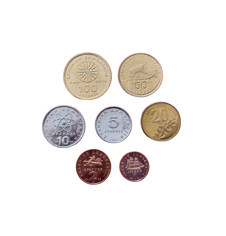 Greece set of 7 coins 1,2,5,10,20,50,100 Drachmas 1982-2000