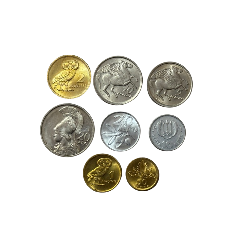 Greece set of 8 Coins 10,20,50 Lepta 1,2,5,10,20 Drachmas 1973