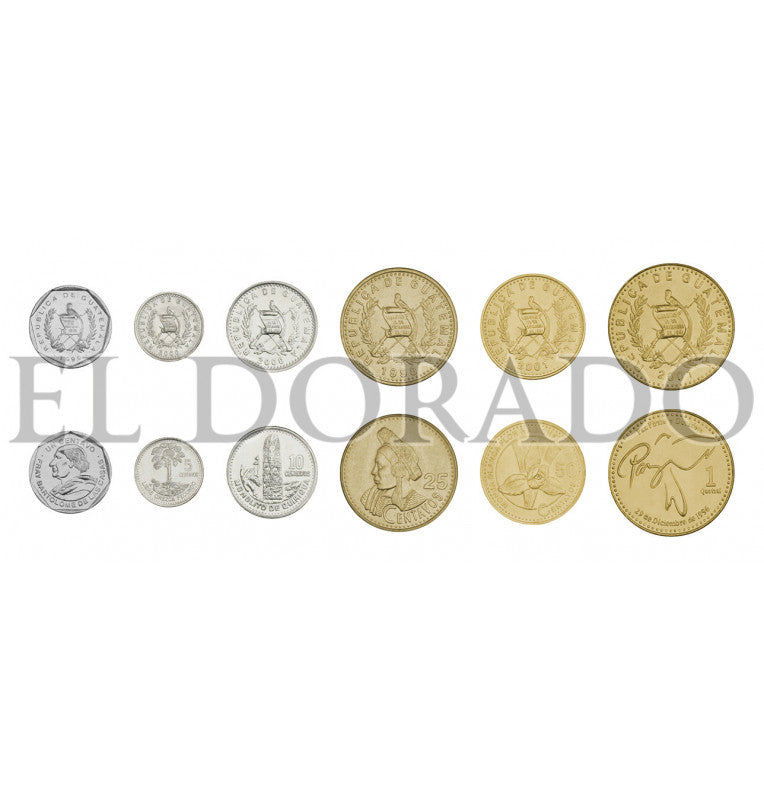 Guatemala 1, 5, 10, 25, 50 Centavos, 1 Quetzal 1981-2010 KM 282, 276, 277, 278, 283, 284