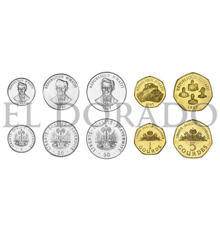 Haití 5, 20, 50 Céntimos, 1, 5 Gourdes 1986-2003 KM 154, 152, 153, 155, 156