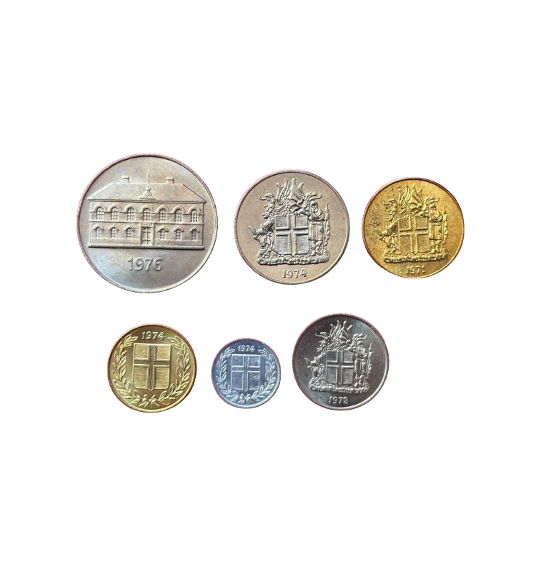 Iceland set of 6 coins 10.50 Aurar 1.5, 10.50 Kronur 1970-1980