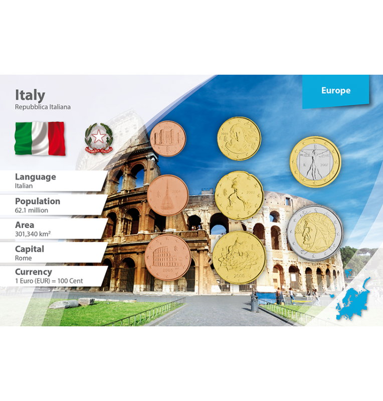 Italia 1, 2, 5, 10, 20, 50 Centavos, 1, 2 Euros 2002-2015 KM 210, 211, 212, 213/247, 214/248, 215/249, 216/250, 217/251