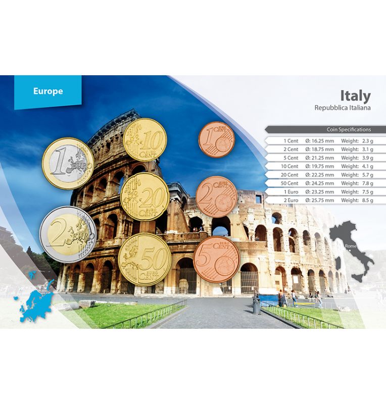 Italia 1, 2, 5, 10, 20, 50 Centavos, 1, 2 Euros 2002-2015 KM 210, 211, 212, 213/247, 214/248, 215/249, 216/250, 217/251