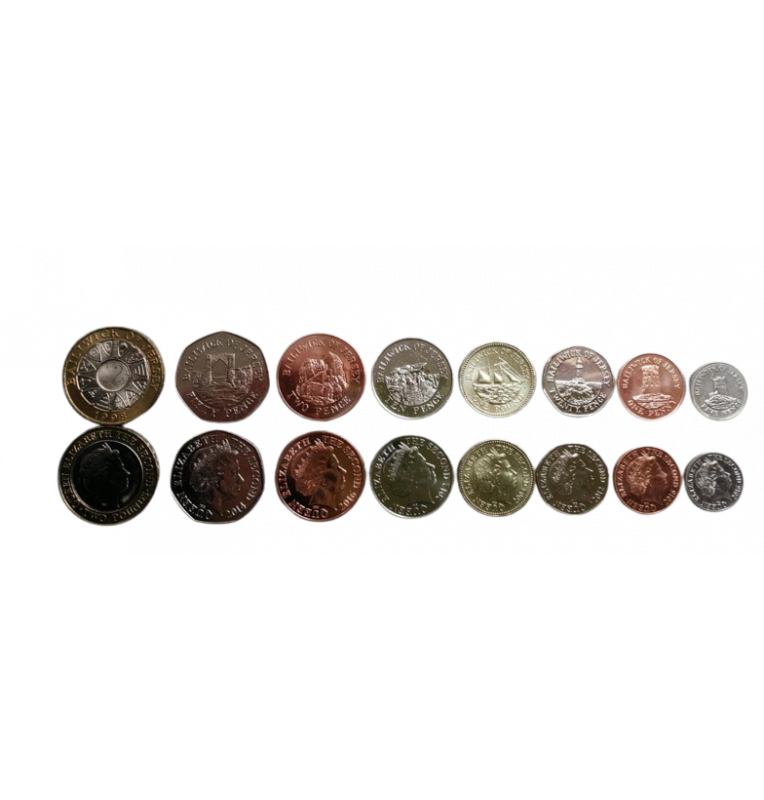 Jersey set of 8 coins (British Crown Dependency) 1, 2, 5, 10, 20, 50 Pence 1, 2 Pounds 1998-2016