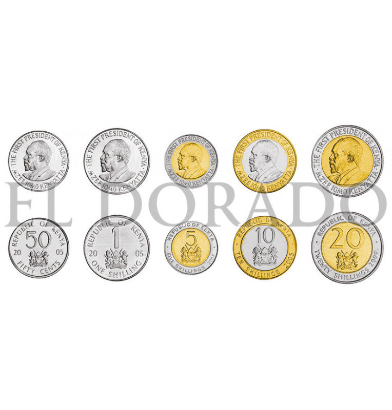 Kenya 50 Cents, 1, 5, 10, 20 Shillings 2005-2010 KM 41, 34, 37, 35, 36