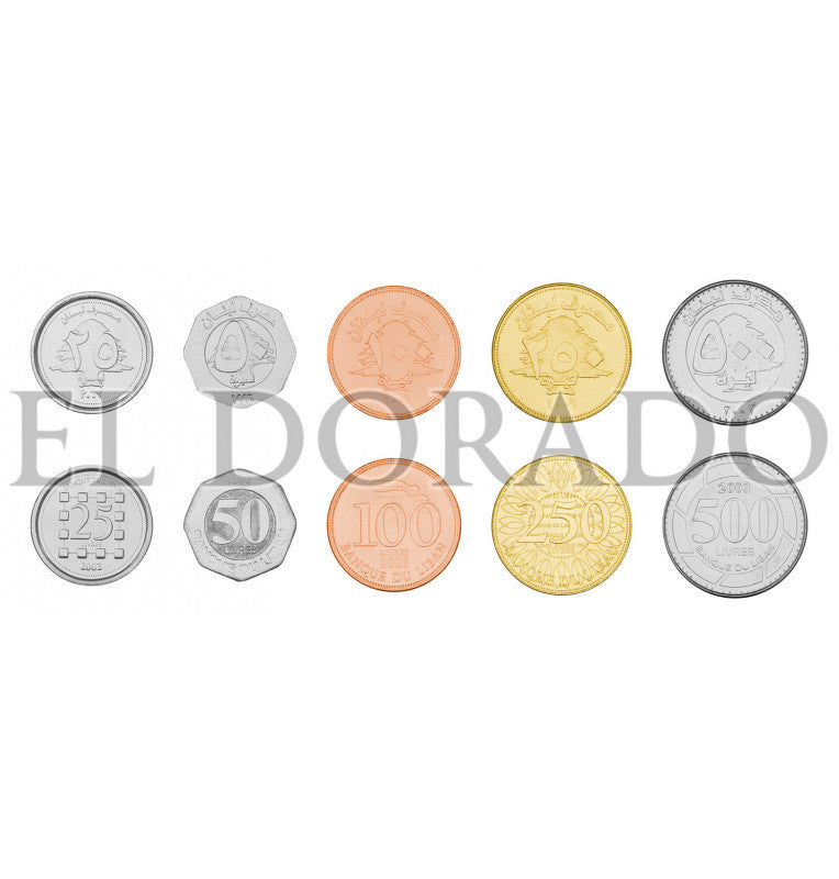 Líbano 25, 50, 100, 250, 500 Livres 1996-2009 KM 40, 37, 38, 36, 39