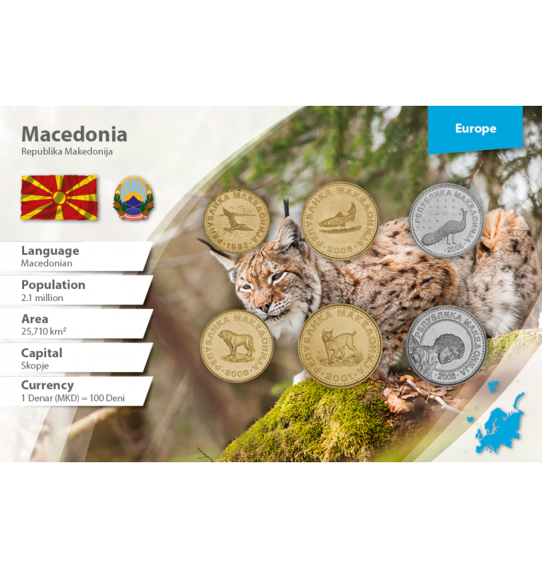 Macedonia 50 Deni, 1, 2, 5, 10, 50 Denari 1993-2014 KM 1, 2, 3, 4, 31, 32