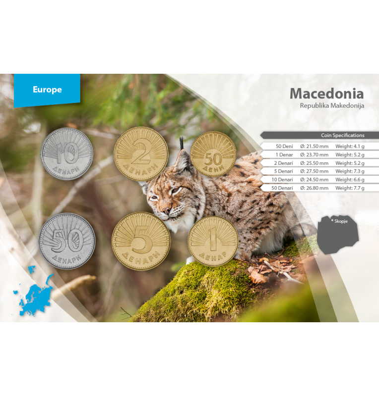 Macedonia 50 Deni, 1, 2, 5, 10, 50 Denari 1993-2014 KM 1, 2, 3, 4, 31, 32