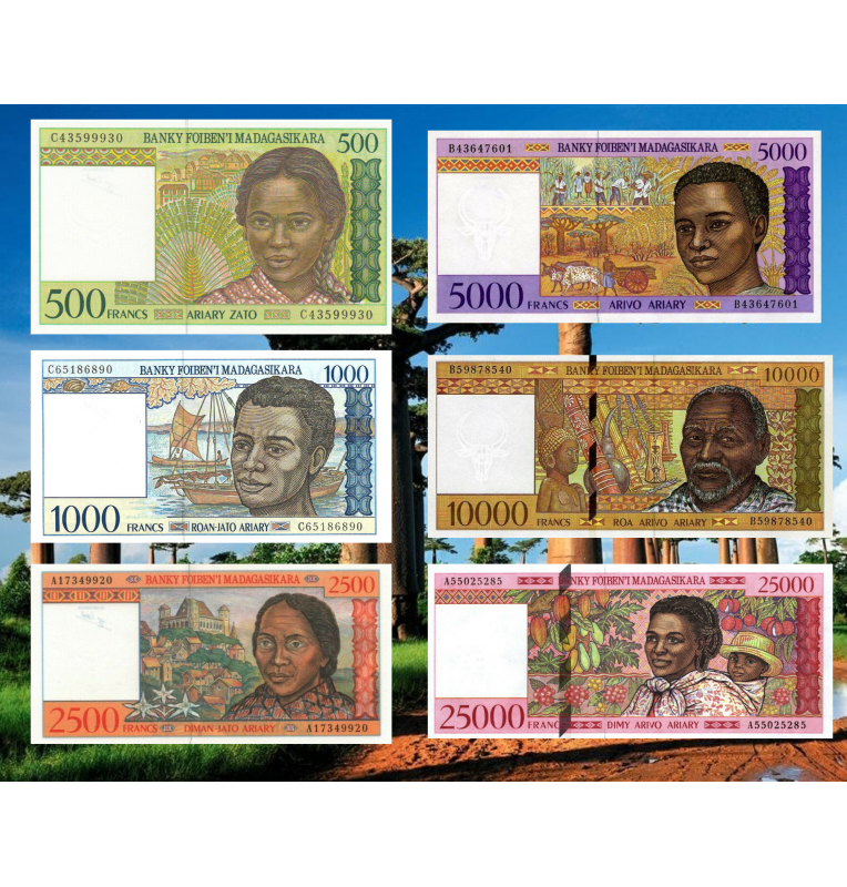 Madagascar 500,1000,2500,5000,10000,25000 1994-1998 ND Pick 75b,76a,81,78b,79,82