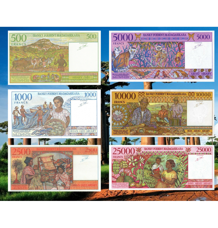 Madagascar 500,1000,2500,5000,10000,25000 1994-1998 ND Pick 75b,76a,81,78b,79,82