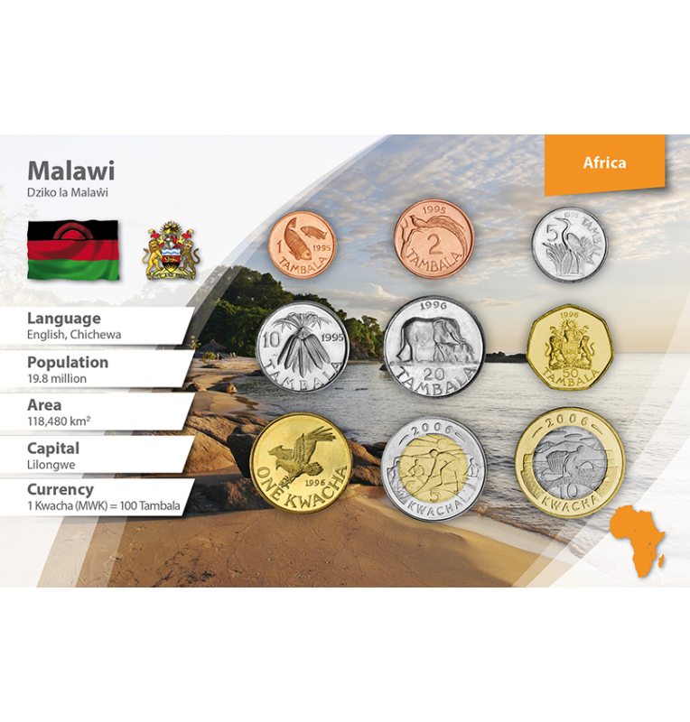Malawi 1, 2, 5, 10, 20, 50 Tambala, 1, 5, 10 Kwacha 1995-2006 KM 33, 34, 32, 27, 29, 30, 28, 57, 58