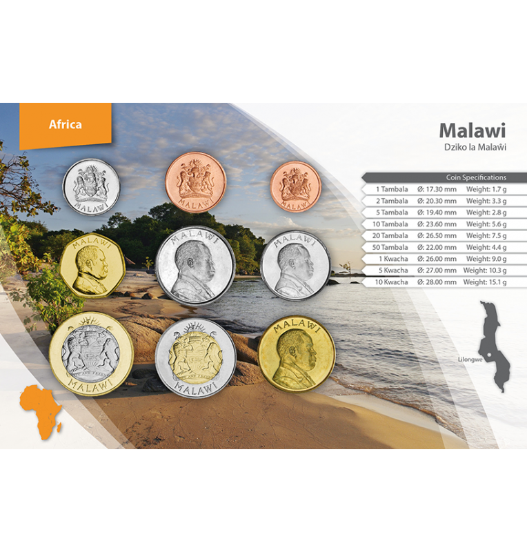 Malawi 1, 2, 5, 10, 20, 50 Tambala, 1, 5, 10 Kwacha 1995-2006 KM 33, 34, 32, 27, 29, 30, 28, 57, 58