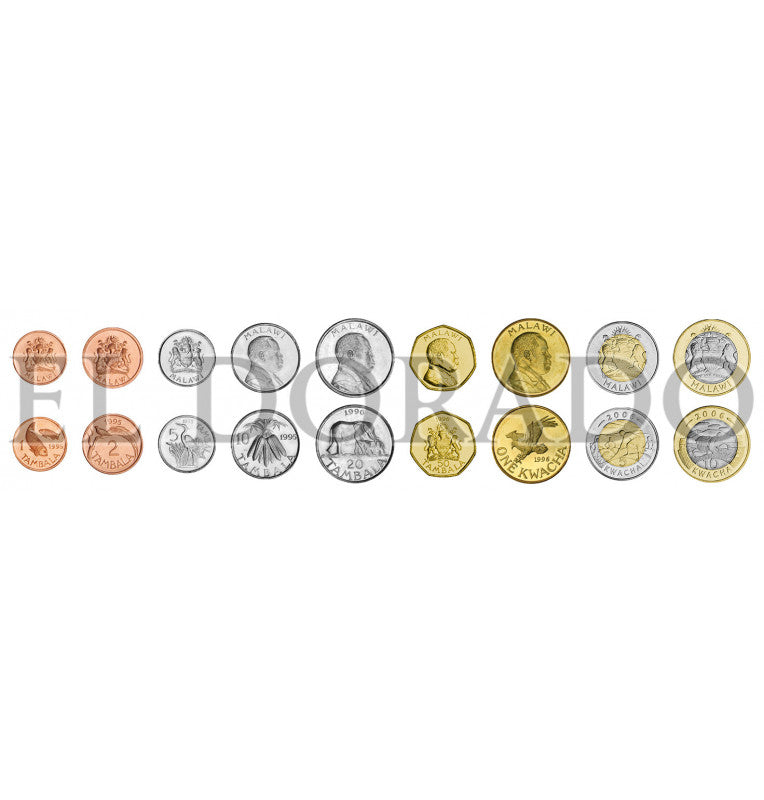 Malawi 1, 2, 5, 10, 20, 50 Tambala, 1, 5, 10 Kwacha 1995-2006 KM 33, 34, 32, 27, 29, 30, 28, 57, 58
