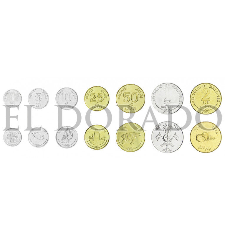 Maldives 1, 5, 10, 25, 50 Laari, 1, 2 Rufiyaa 1984-2012 KM 68, 114, 115, 71, 72, 73, 88