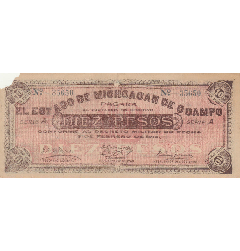 México 10 pesos 1915 Pick S883a Michoacán de Ocampo NO UNC