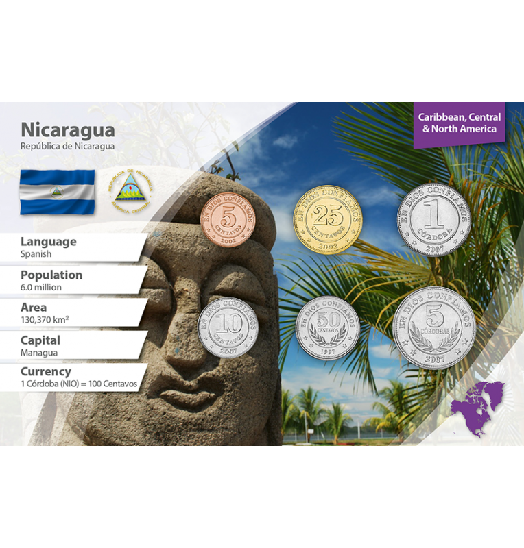 Nicaragua 5, 10, 25, 50 Centavos, 1, 5 Córdobas 1997-2007 KM 97, 105, 99, 88, 101, 90