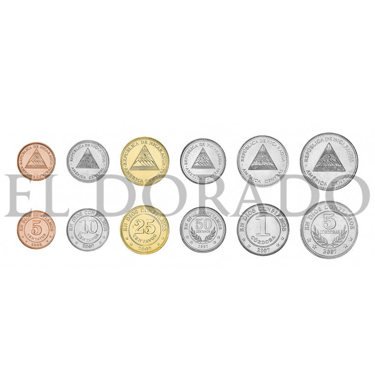 Nicaragua 5, 10, 25, 50 Centavos, 1, 5 Córdobas 1997-2007 KM 97, 105, 99, 88, 101, 90