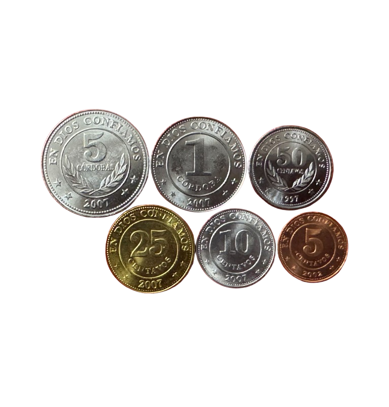 Nicaragua set of 6 coins: 5, 10, 25, 50 Centavos, 1.5 Córdobas, 1997-2007