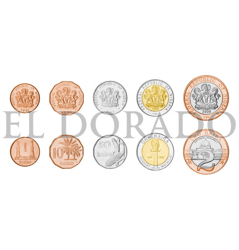 Nigeria 1, 10, 50 Kobo, 1, 2 Naira 1991-2006 KM 8, 12, 13, 18, 19