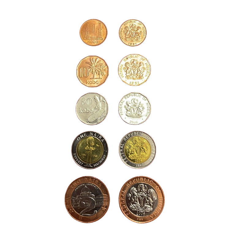 Nigeria set of 5 coins 1, 10, 50 Kobo, 1, 2 Naira NO UNC