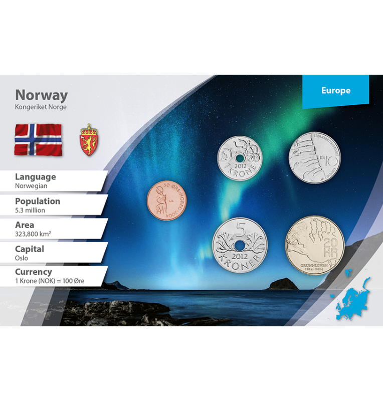 Norway 50 Öre, 1, 5, 10, 20 Kroner 1998-2014 KM 460, 462, 463, 488, new