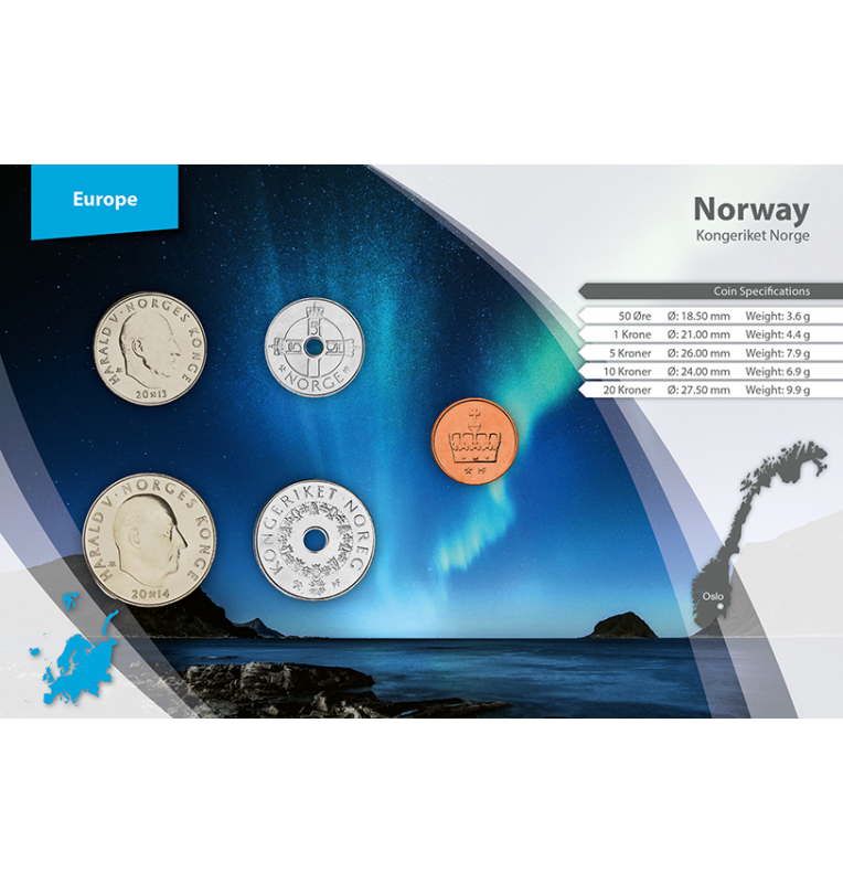 Noruega 50 Öre, 1, 5, 10, 20 Kroner 1998-2014 KM 460, 462, 463, 488, nuevo