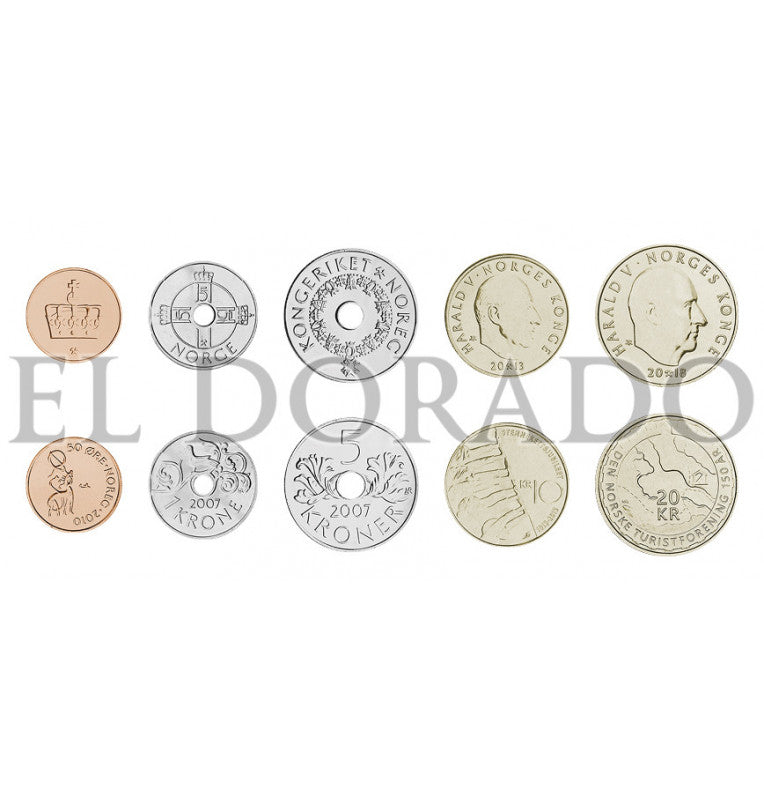 Norway 50 Öre, 1, 5, 10, 20 Kroner 1998-2014 KM 460, 462, 463, 488, new